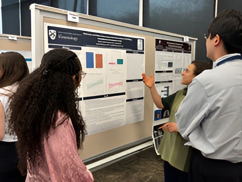 Students discussing academic research findings in front of a poster presentation