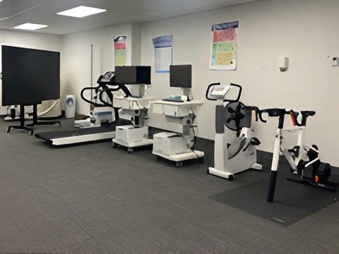 Wide view of the exercise testing lab showcasing the treadmill, metabolic carts, and ergometer bikes lined up